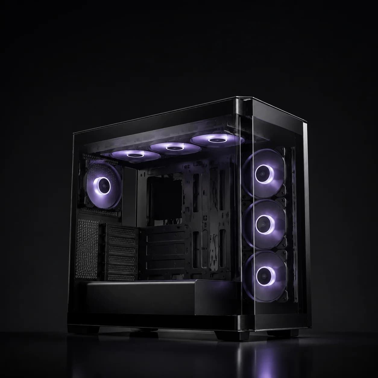 Black panoramic glass enclosure with softly lit violet fans