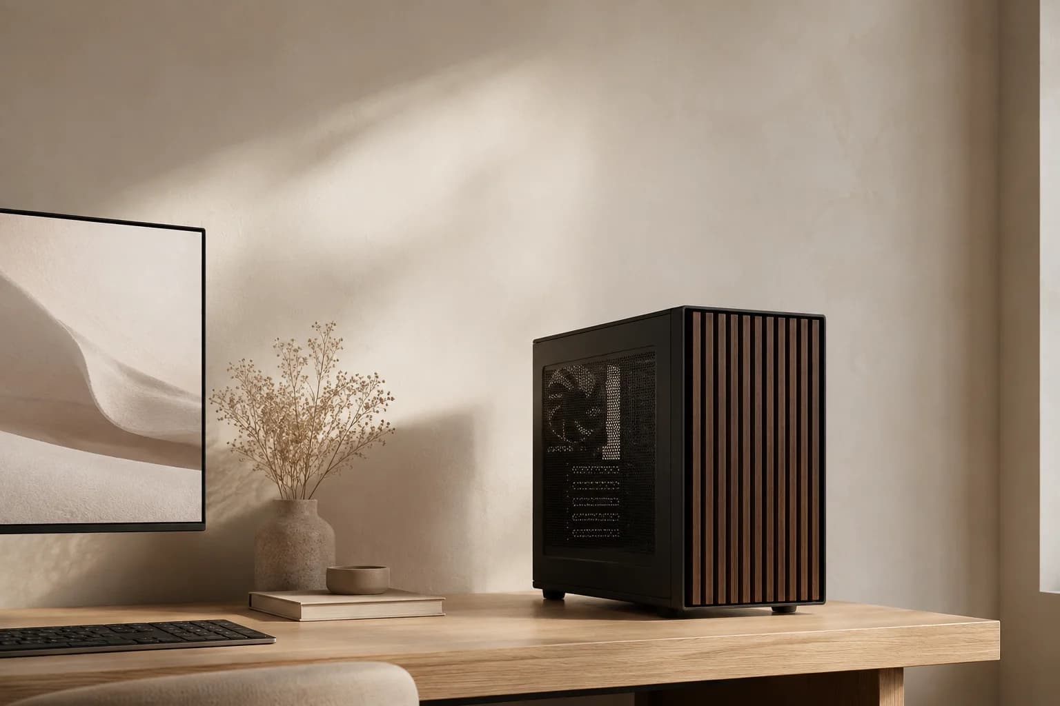 A walnut-accented PC case on a serene oak desk